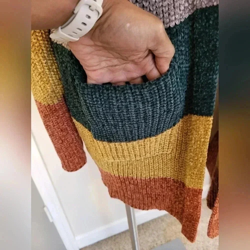 ODDY Multicolored Striped ColorBlock Open Front Sweater Cardigan(S/M)